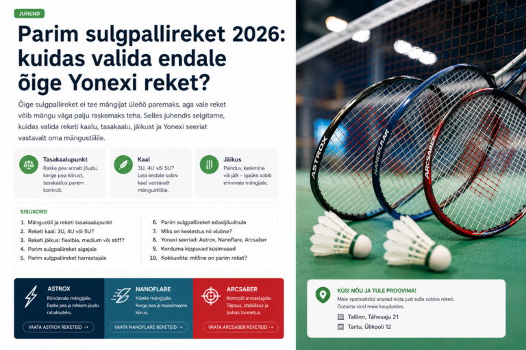 Parim sulgpallireket 2026 juhendi pilt Yonex ASTROX, NANOFLARE ja ARCSABER reketitega sulgpalliväljakul.
